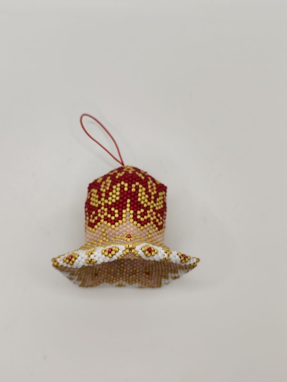 Handcrafted Red and Gold Beaded Bell Ornament